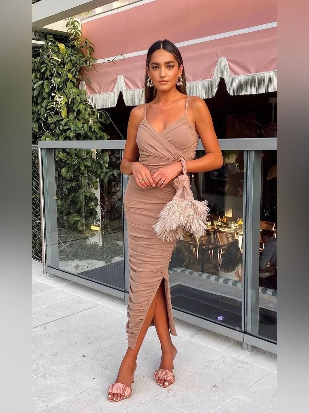 Elliatt Ruched Mesh Pippa Midi Dress in Taupe/Nude